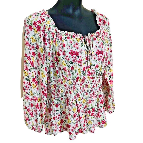 No Boundaries - Women's Junior's White, Pink Floral Print Gathered Peplum XL - Picture 6 of 11